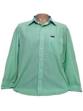 Chaps Men's MEDIUM Regular Shirt Green Striped Long Sleeve Button Down Easy Care